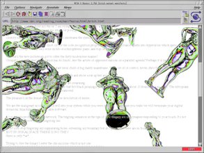 Screenshot of a retro web browser. Window contains a 3D graphic of metallic sexually empowered naked female statues with neon blue, green, red, and purple highlights are scattered throughout the vast white space, behind a body of grey text.