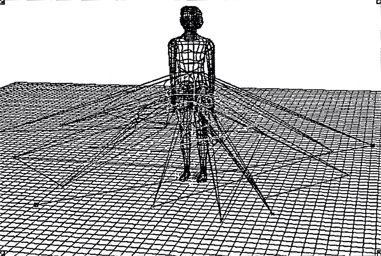 Black and white wireframes of a human figure stands alone in the center of a grid plane. The body is attached to a cage, lines extending from her body to latching to vertices on the grid, as if trapped by a digital crinoline.