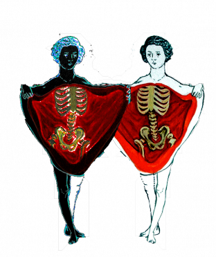 An illustration of two girls opening their torsos like curtains, exposing a red cavity holding a skeleton. The girl of the left is in black with blue short curly hair and the one on the right is white with black hair.