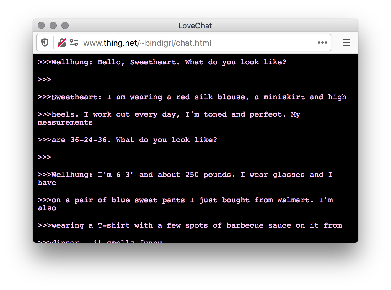 Screenshot of a black webpage showing a conversation of pink text between the usernames "Wellhung" and "Sweetheart" asking and describing to each other what they look like.