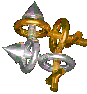 A 3D graphic of gold and silver gender symbols interlocking with each other through the holes, creating a rectangular form.