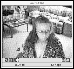 Vintage GUI of a media player showing a low resolution image of a person sitting in a living room wearing a cheetah print top and glasses and long hair tied back. Behind is a couch and a coffee table in the background.