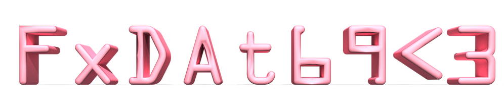 pink extruded computer font that reads FxDat69<3