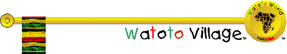 A banner of a golden rod with flag of red, black, yellow, and green attached to the Watoto World golden circular emblem of Africa. The Watoto Village logo in childlike crayon is hand written across the bottom.
