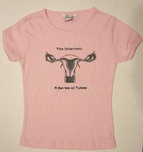 a pink t-shirt with an image of a uterus surrounded by the text “The Internet: A Series of Tubes”