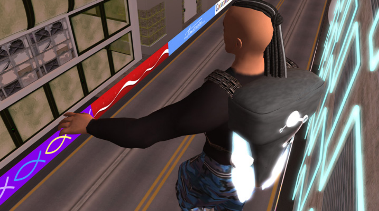 Machinima still of Hunter, the protagonist, on a ledge overlooking a street