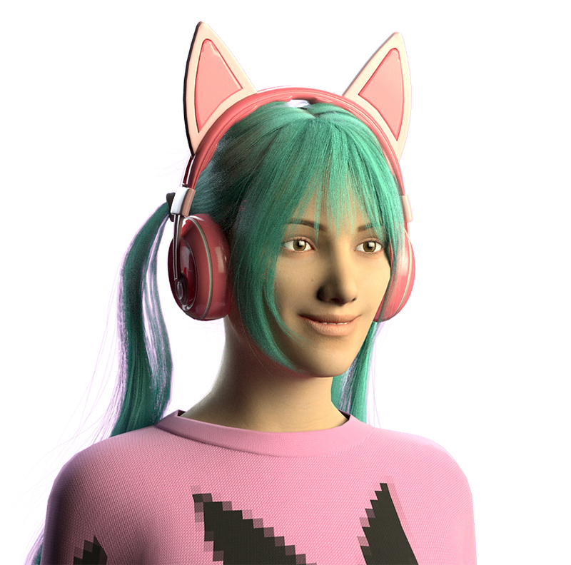 render of a live stream host woman with green hair, cat ear headband, and pink sweater