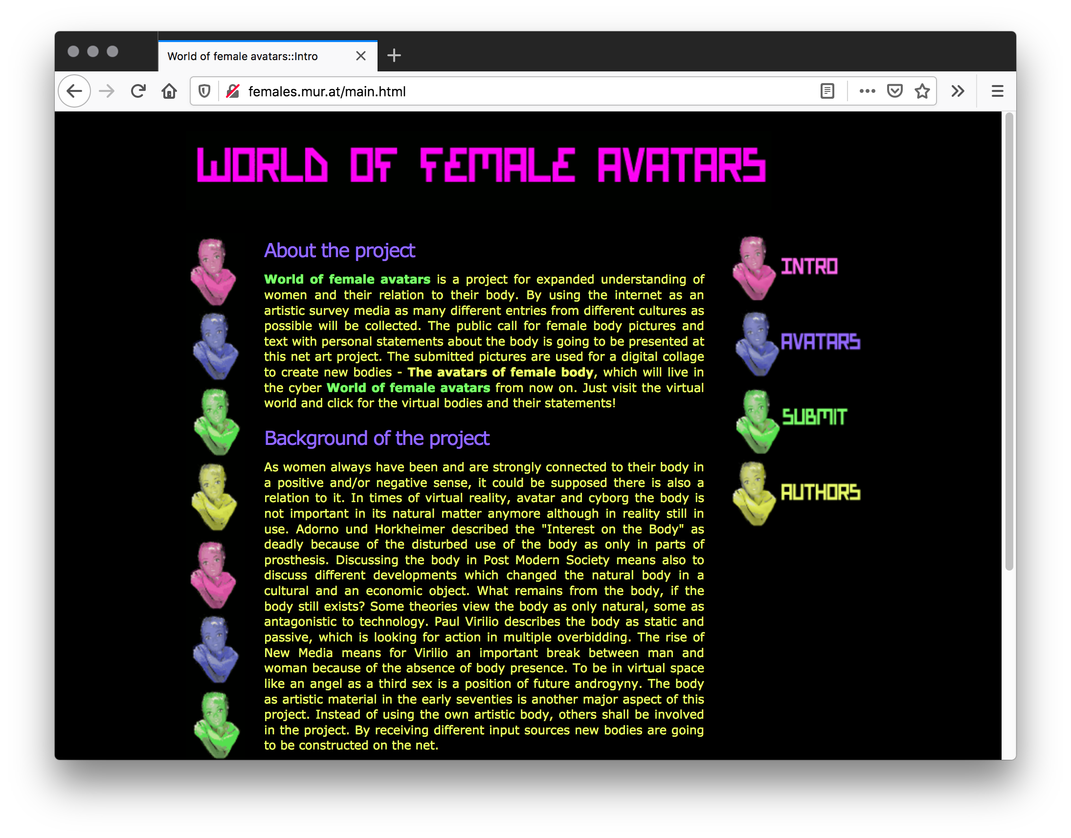 A black webpage with a pink header at the top and a body filled of blocks of yellow text with purple titles and green bolded text. Pink, blue, green, and yellow female figures flanks down the left of the page and the right as the page menu.
