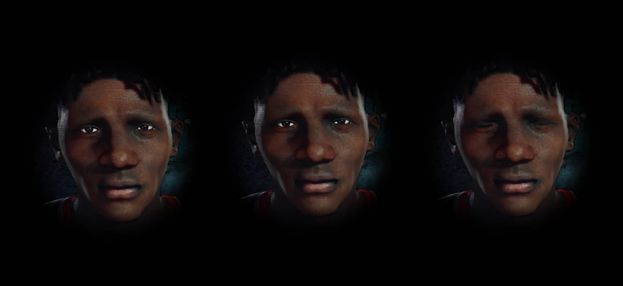 video still of three faces of a black man with a pensive stare