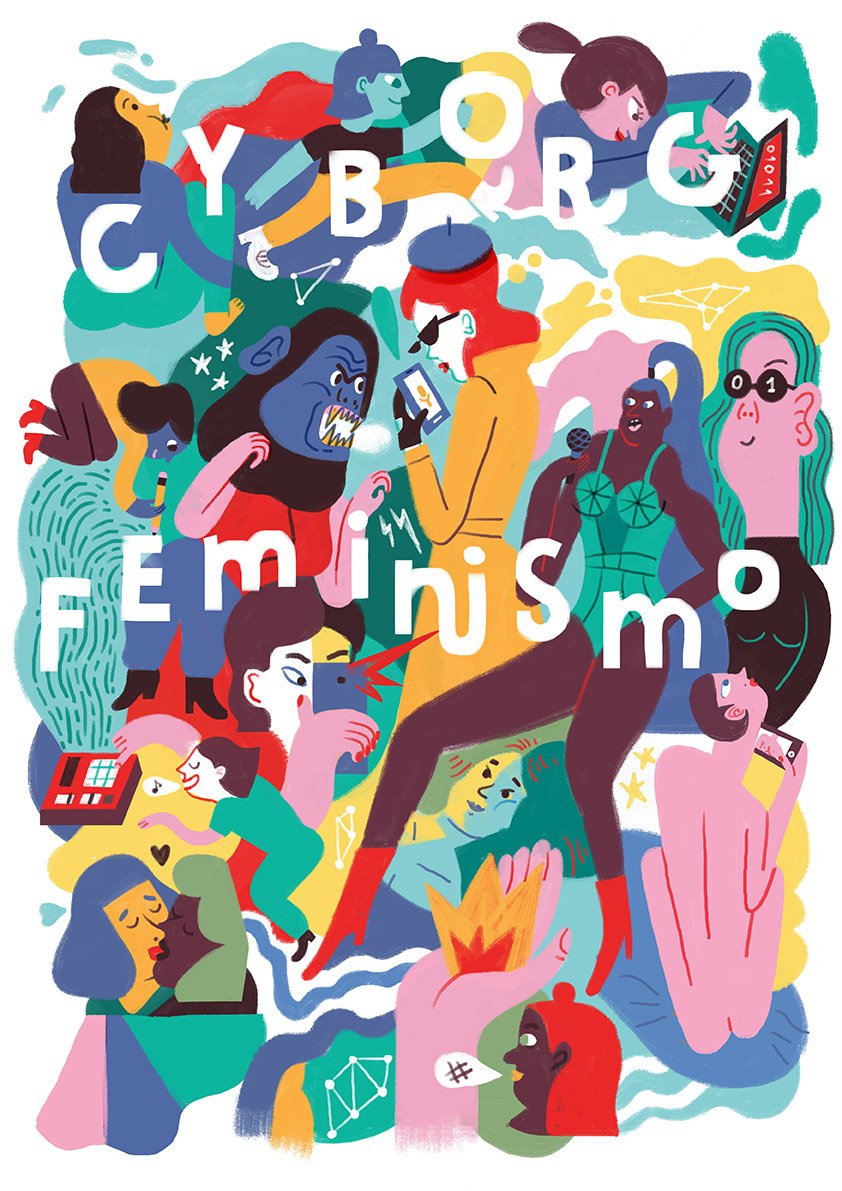 A colorfully illustrated playful and queer collage showing women doing various activities, such as using technology, kissing, running, wearing a gorilla mask, singing into a microphone, making music, drawing, taking photos, and so on.