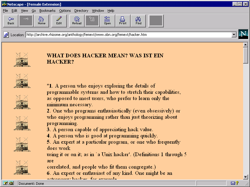 Screenshot of a vintage Microsoft webpage with a orange peach background and numbered list of what it means to be a hacker. The left has architectural geometric graphic icons tiled in a column.