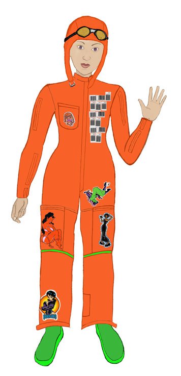 A woman waving her left hand in the air wearing an orange bodysuit uniform, a matching orange helmet with goggles, and bright green shoes.