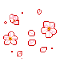 Pixelated graphic of floating white and pink cherry blossoms and petals outlined in red.