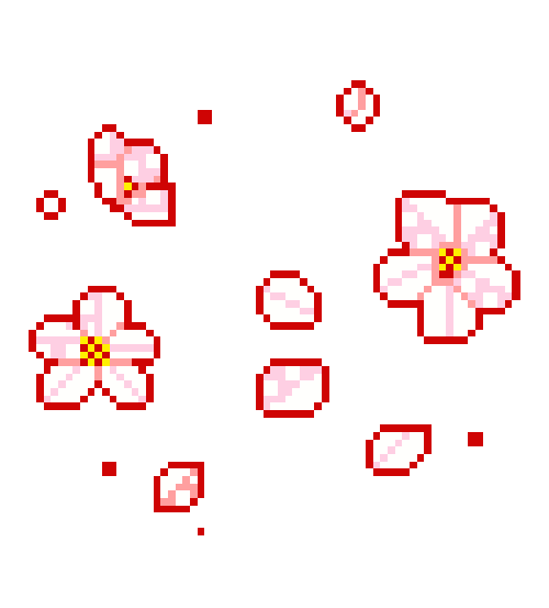 Pixelated graphic of floating white and pink cherry blossoms and petals outlined in red.