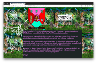 Screenshot of a webpage a luscious jungle with wildlife animals tiled in the background. The header has a bright pink and red shield emblem in the middle next to "dyne.org" in a white rectangle. The center has pink text on a dark grape rectangle.