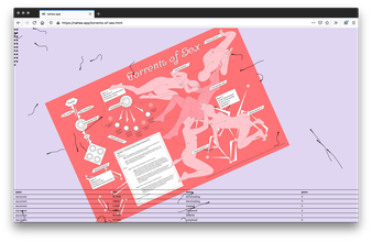 website screenshot of a purple background with a rotated rectangle with a dark pink background that has silhouettes of cream figures in sex positions