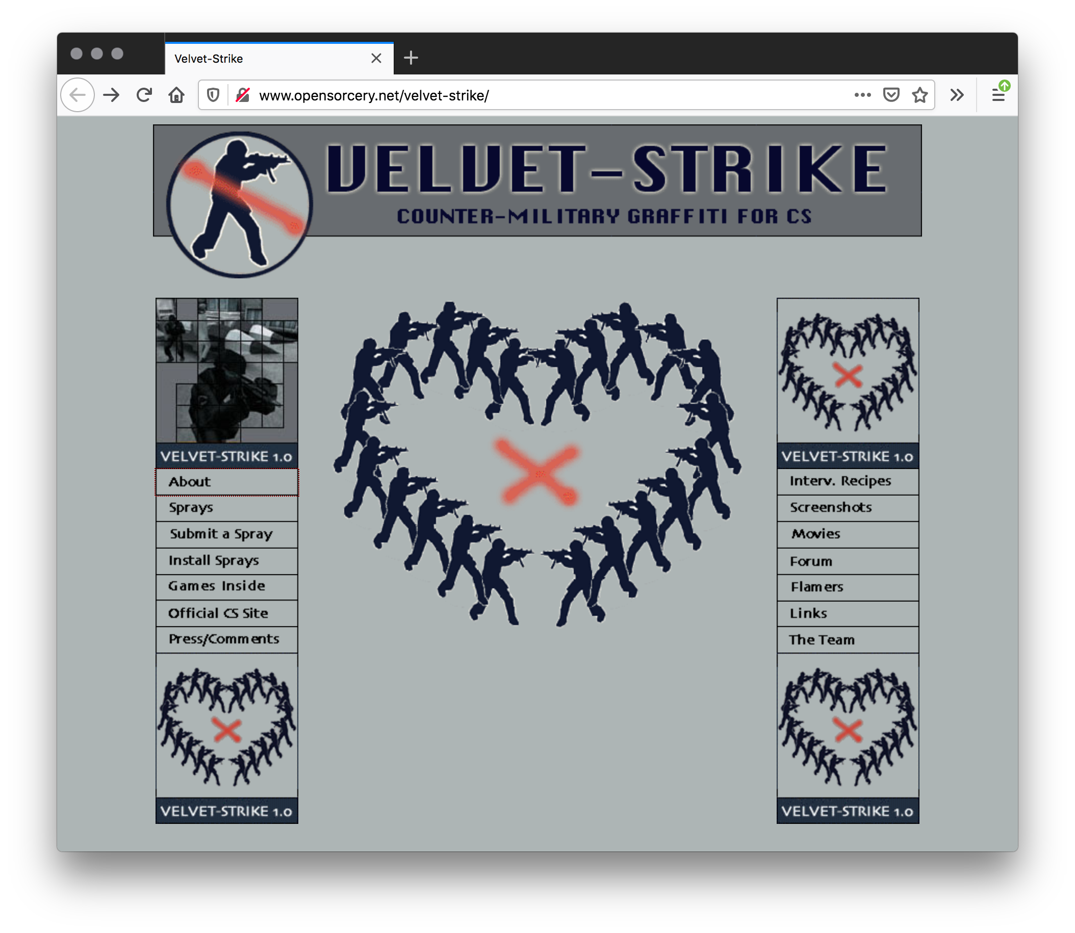 A grey webpage with two columns of text on both sides and a armed man crossed out by an orange graffitied line in a circle next to large text in the center. The center has a graphic of armed men forming a heart and a graffitied orange "x" inside.